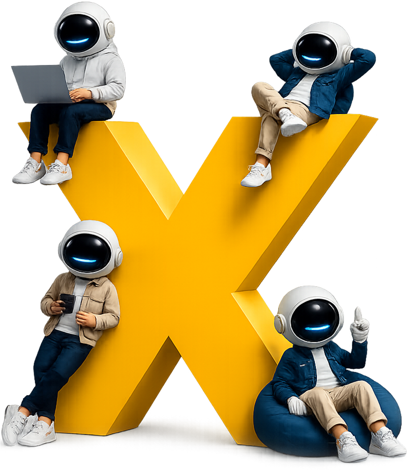 The lean.x digital crew — four astronauts around the brand X