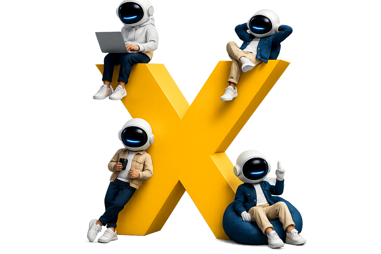 The lean.x digital crew — four astronauts around the brand X